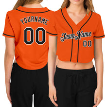 Load image into Gallery viewer, Custom Women&#39;s Orange Black-White V-Neck Cropped Baseball Jersey
