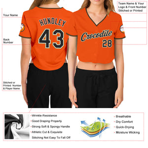 Custom Women's Orange Black Old Gold-White V-Neck Cropped Baseball Jersey