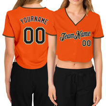 Load image into Gallery viewer, Custom Women&#39;s Orange Black Old Gold-White V-Neck Cropped Baseball Jersey
