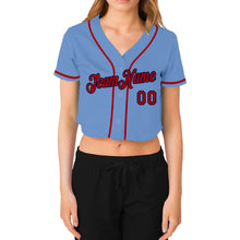 Загрузить изображение в средство просмотра галереи, Custom Women&#39;s Light Blue Red-Navy V-Neck Cropped Baseball Jersey
