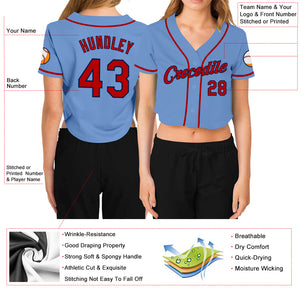 Custom Women's Light Blue Red-Navy V-Neck Cropped Baseball Jersey