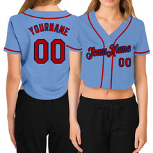 Загрузить изображение в средство просмотра галереи, Custom Women&#39;s Light Blue Red-Navy V-Neck Cropped Baseball Jersey
