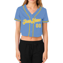 Laden Sie das Bild in den Galerie-Viewer, Custom Women&#39;s Light Blue Gold-White V-Neck Cropped Baseball Jersey
