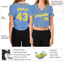 Laden Sie das Bild in den Galerie-Viewer, Custom Women&#39;s Light Blue Gold-White V-Neck Cropped Baseball Jersey
