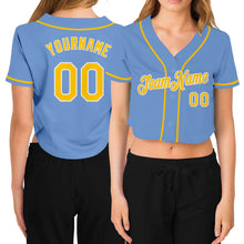 Laden Sie das Bild in den Galerie-Viewer, Custom Women&#39;s Light Blue Gold-White V-Neck Cropped Baseball Jersey
