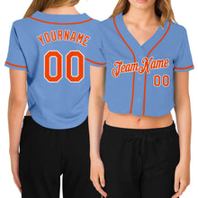 Загрузить изображение в средство просмотра галереи, Custom Women&#39;s Light Blue Orange-White V-Neck Cropped Baseball Jersey
