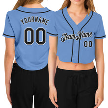 Загрузить изображение в средство просмотра галереи, Custom Women&#39;s Light Blue Black-White V-Neck Cropped Baseball Jersey
