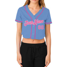 Laden Sie das Bild in den Galerie-Viewer, Custom Women&#39;s Light Blue Pink-White V-Neck Cropped Baseball Jersey
