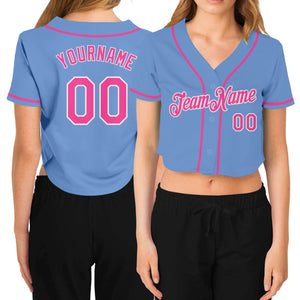 Custom Women's Light Blue Pink-White V-Neck Cropped Baseball Jersey