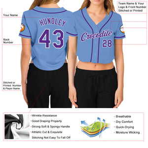 Custom Women's Light Blue Purple-White V-Neck Cropped Baseball Jersey