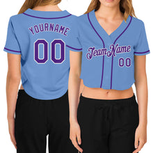 Charger l&#39;image dans la galerie, Custom Women&#39;s Light Blue Purple-White V-Neck Cropped Baseball Jersey
