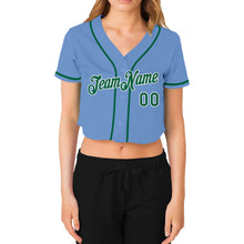 Загрузить изображение в средство просмотра галереи, Custom Women&#39;s Light Blue Kelly Green-White V-Neck Cropped Baseball Jersey
