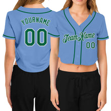 Загрузить изображение в средство просмотра галереи, Custom Women&#39;s Light Blue Kelly Green-White V-Neck Cropped Baseball Jersey
