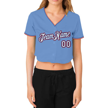 Custom Women's Light Blue White Royal-Red V-Neck Cropped Baseball Jersey