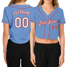 Laden Sie das Bild in den Galerie-Viewer, Custom Women&#39;s Light Blue White-Red V-Neck Cropped Baseball Jersey
