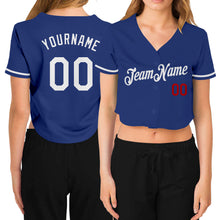 Load image into Gallery viewer, Custom Women&#39;s Royal White-Red V-Neck Cropped Baseball Jersey
