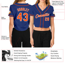 Laden Sie das Bild in den Galerie-Viewer, Custom Women&#39;s Royal Orange-White V-Neck Cropped Baseball Jersey
