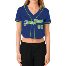 Laden Sie das Bild in den Galerie-Viewer, Custom Women&#39;s Royal Neon Green-White V-Neck Cropped Baseball Jersey
