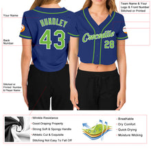 Laden Sie das Bild in den Galerie-Viewer, Custom Women&#39;s Royal Neon Green-White V-Neck Cropped Baseball Jersey
