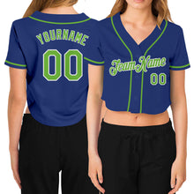 Laden Sie das Bild in den Galerie-Viewer, Custom Women&#39;s Royal Neon Green-White V-Neck Cropped Baseball Jersey
