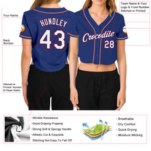 Charger l&#39;image dans la galerie, Custom Women&#39;s Royal White-Red V-Neck Cropped Baseball Jersey
