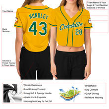 Load image into Gallery viewer, Custom Women&#39;s Gold Kelly Green-White V-Neck Cropped Baseball Jersey
