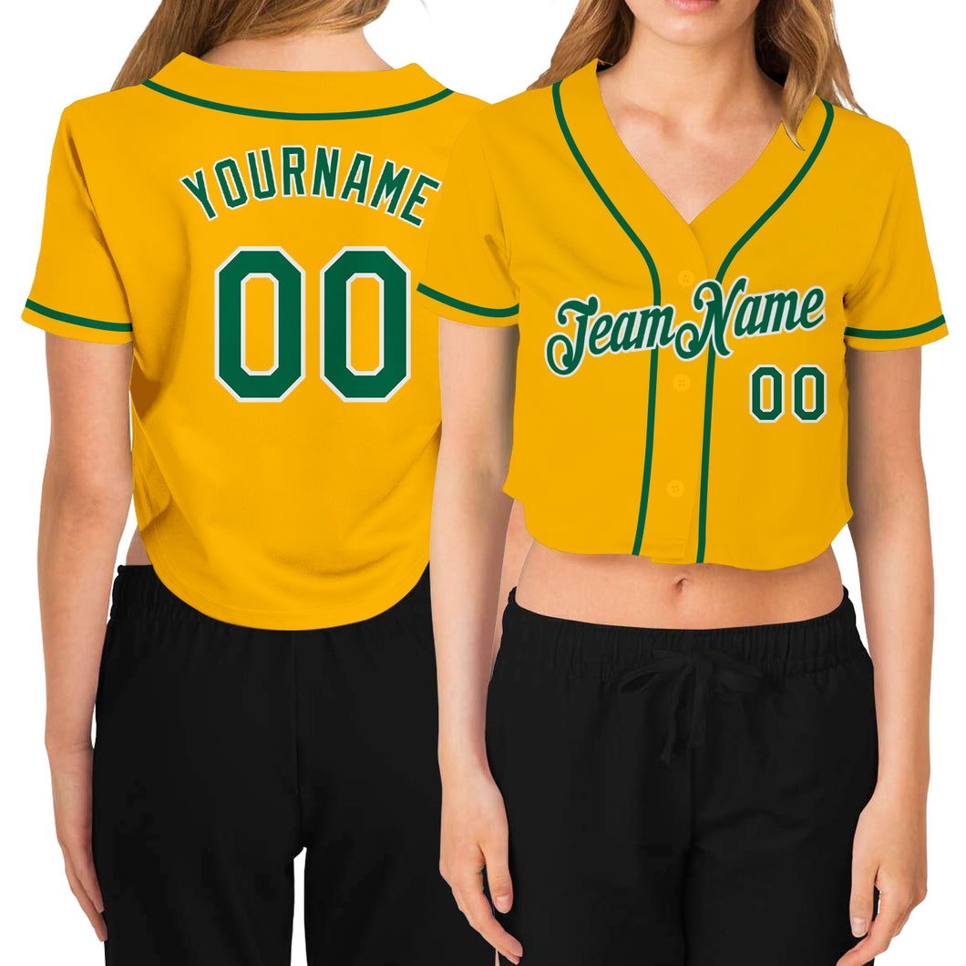 Custom Women's Gold Kelly Green-White V-Neck Cropped Baseball Jersey