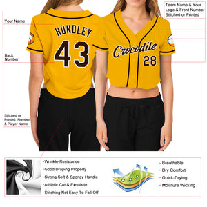 Custom Women's Gold Brown-White V-Neck Cropped Baseball Jersey