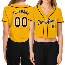 Charger l&#39;image dans la galerie, Custom Women&#39;s Gold Brown-White V-Neck Cropped Baseball Jersey
