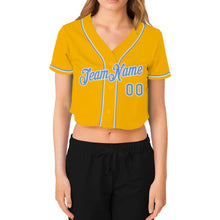 Laden Sie das Bild in den Galerie-Viewer, Custom Women&#39;s Gold Light Blue-White V-Neck Cropped Baseball Jersey
