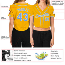 Laden Sie das Bild in den Galerie-Viewer, Custom Women&#39;s Gold Light Blue-White V-Neck Cropped Baseball Jersey
