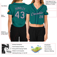 Загрузить изображение в средство просмотра галереи, Custom Women&#39;s Aqua Gray-Navy V-Neck Cropped Baseball Jersey
