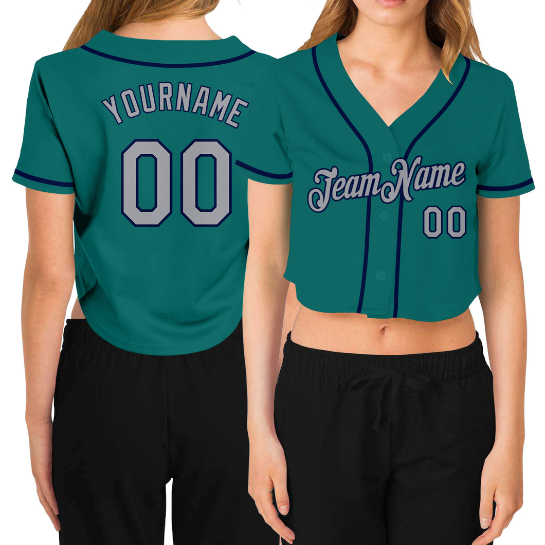 Custom Women's Aqua Gray-Navy V-Neck Cropped Baseball Jersey