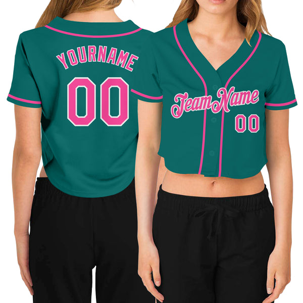 Custom Women's Aqua Pink-White V-Neck Cropped Baseball Jersey Discount