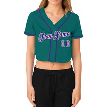 Laden Sie das Bild in den Galerie-Viewer, Custom Women&#39;s Aqua Purple-White V-Neck Cropped Baseball Jersey
