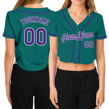 Laden Sie das Bild in den Galerie-Viewer, Custom Women&#39;s Aqua Purple-White V-Neck Cropped Baseball Jersey
