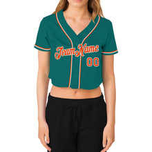 Laden Sie das Bild in den Galerie-Viewer, Custom Women&#39;s Aqua Orange-White V-Neck Cropped Baseball Jersey
