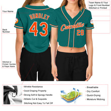 Laden Sie das Bild in den Galerie-Viewer, Custom Women&#39;s Aqua Orange-White V-Neck Cropped Baseball Jersey
