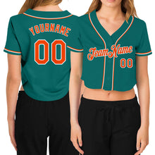 Laden Sie das Bild in den Galerie-Viewer, Custom Women&#39;s Aqua Orange-White V-Neck Cropped Baseball Jersey
