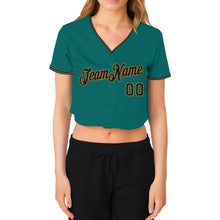 Загрузить изображение в средство просмотра галереи, Custom Women&#39;s Aqua Black-Old Gold V-Neck Cropped Baseball Jersey
