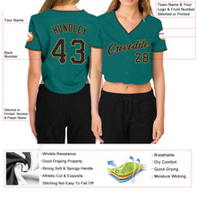 Загрузить изображение в средство просмотра галереи, Custom Women&#39;s Aqua Black-Old Gold V-Neck Cropped Baseball Jersey
