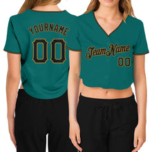 Загрузить изображение в средство просмотра галереи, Custom Women&#39;s Aqua Black-Old Gold V-Neck Cropped Baseball Jersey
