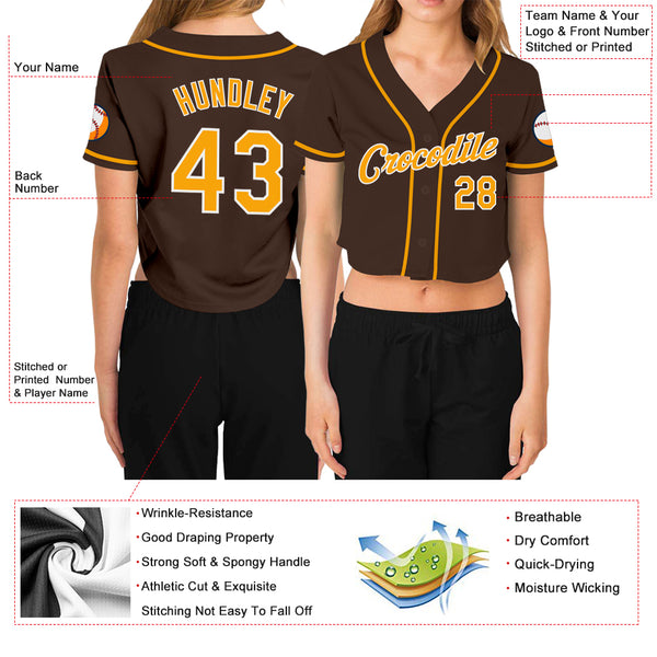 Cheap Custom Women's Brown Gold-White V-Neck Cropped Baseball