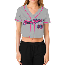 Загрузить изображение в средство просмотра галереи, Custom Women&#39;s Gray Light Blue Black-Pink V-Neck Cropped Baseball Jersey
