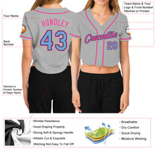 Загрузить изображение в средство просмотра галереи, Custom Women&#39;s Gray Light Blue Black-Pink V-Neck Cropped Baseball Jersey
