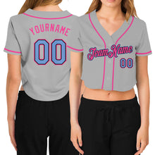 Загрузить изображение в средство просмотра галереи, Custom Women&#39;s Gray Light Blue Black-Pink V-Neck Cropped Baseball Jersey
