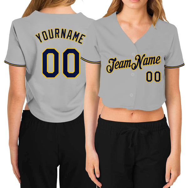 Cheap Custom Women's Gray Navy-Gold V-Neck Cropped Baseball Jersey Free  Shipping – CustomJerseysPro