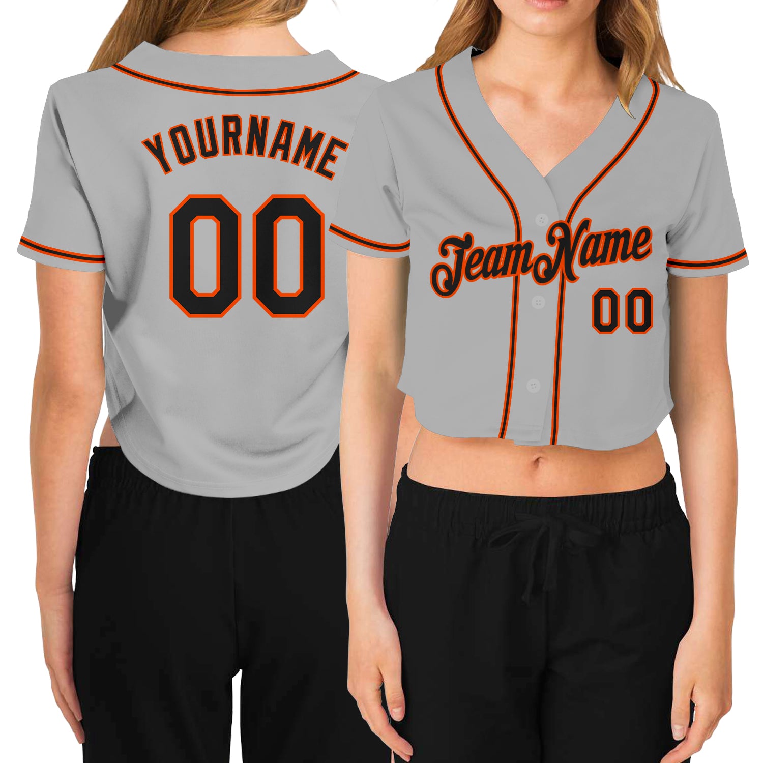 Custom Women's Gray Orange-Black V-Neck Cropped Baseball Jersey Women's Size:XL