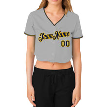 Charger l&#39;image dans la galerie, Custom Women&#39;s Gray Navy-Gold V-Neck Cropped Baseball Jersey
