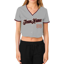 Загрузить изображение в средство просмотра галереи, Custom Women&#39;s Gray Black Crimson-Cream V-Neck Cropped Baseball Jersey
